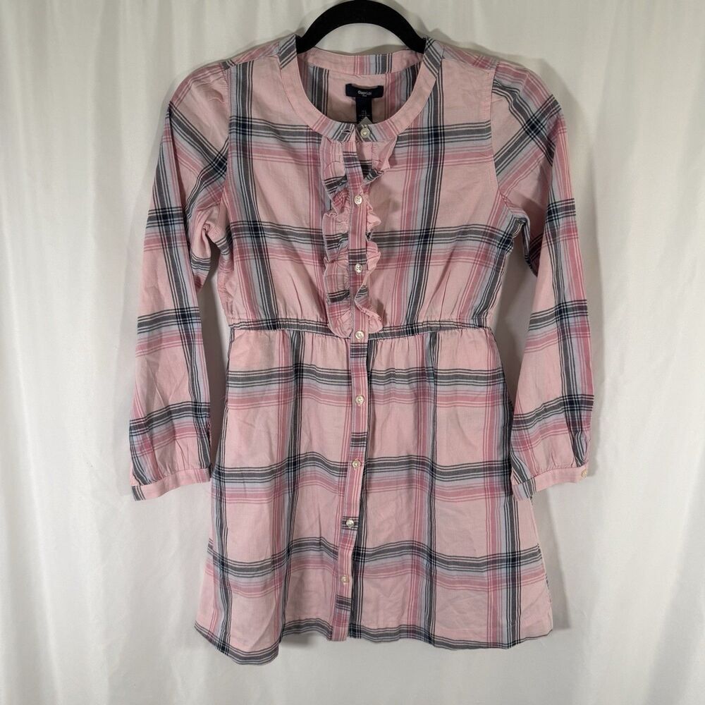 Gap Kids Dress Girls Large Pink Blue Plaid Long Sleeve Vneck 100% Cotton Button